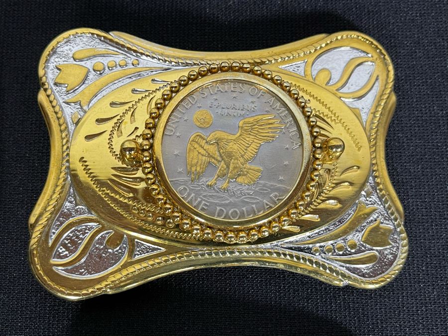 Set Of Nine Gold Electroplated United States One Dollar Coins Set In Base Metal Western Belt Buckles [Photo 10]