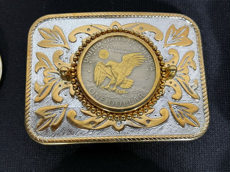 Set Of Nine Gold Electroplated United States One Dollar Coins Set In Base Metal Western Belt Buckles [Photo 9]