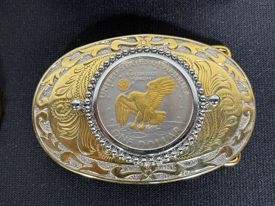 Set Of Nine Gold Electroplated United States One Dollar Coins Set In Base Metal Western Belt Buckles [Photo 4]