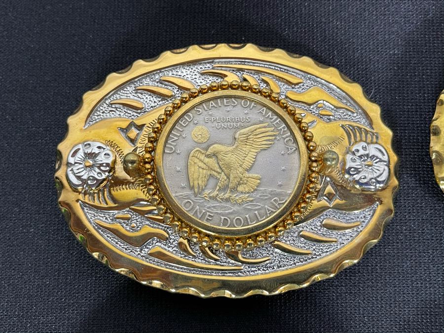 Set Of Nine Gold Electroplated United States One Dollar Coins Set In Base Metal Western Belt Buckles [Photo 7]