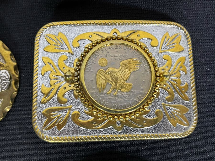 Set Of Nine Gold Electroplated United States One Dollar Coins Set In Base Metal Western Belt Buckles [Photo 5]