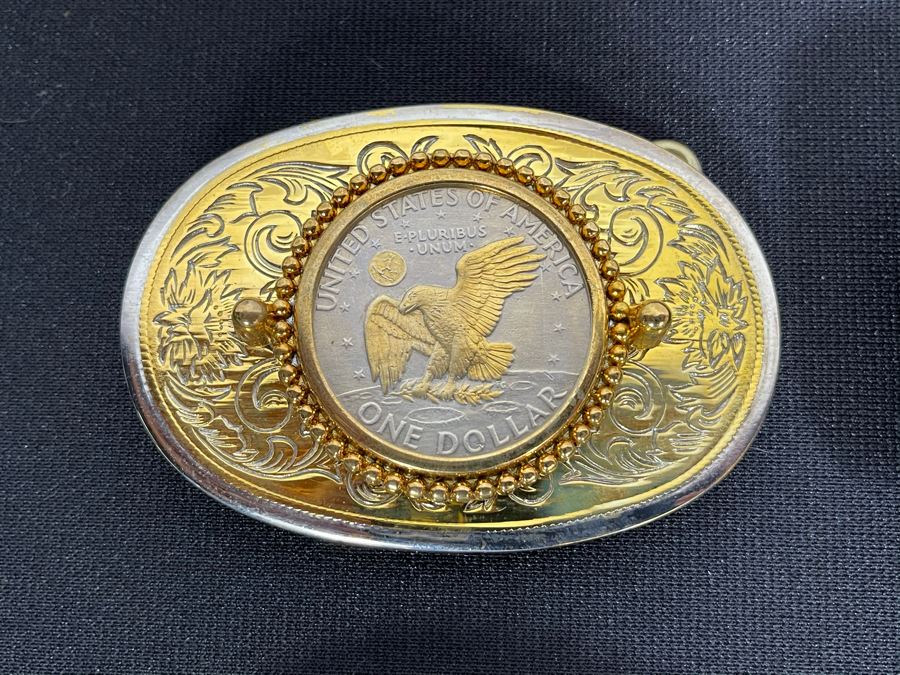 Set Of Nine Gold Electroplated United States One Dollar Coins Set In Base Metal Western Belt Buckles [Photo 8]