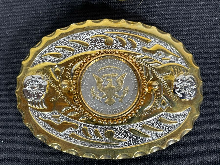 Set Of Nine Gold Electroplated United States One & Half Dollar Coins Set In Base Metal Western Belt Buckles [Photo 2]
