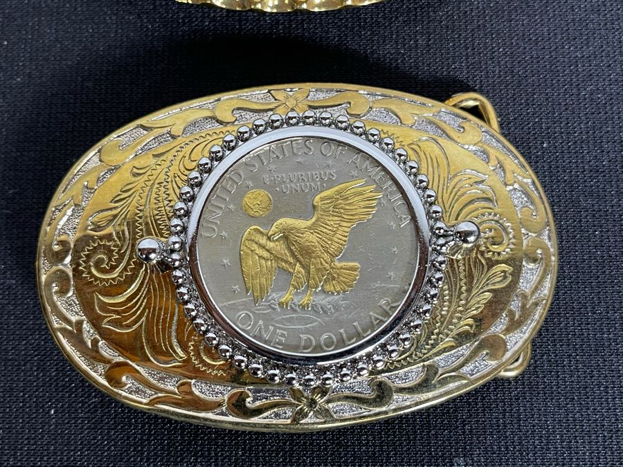 Set Of Nine Gold Electroplated United States One & Half Dollar Coins Set In Base Metal Western Belt Buckles [Photo 3]