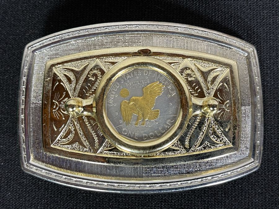 Set Of Nine Gold Electroplated United States One & Half Dollar Coins Set In Base Metal Western Belt Buckles [Photo 4]