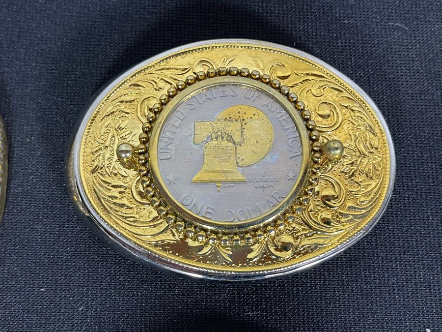 Set Of Nine Gold Electroplated United States One & Half Dollar Coins Set In Base Metal Western Belt Buckles [Photo 9]