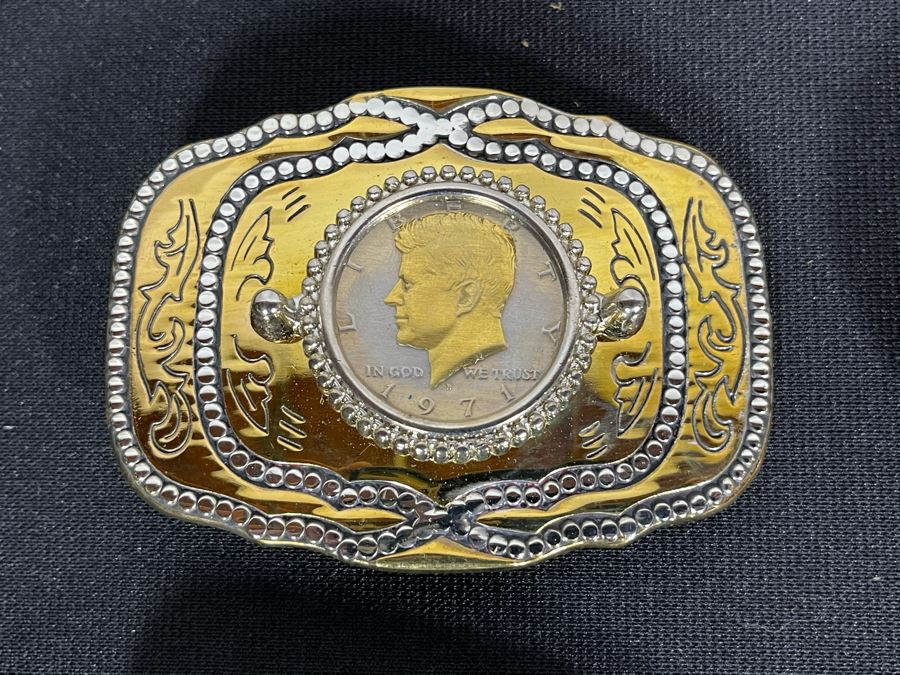 Set Of Nine Gold Electroplated United States One & Half Dollar Coins Set In Base Metal Western Belt Buckles [Photo 10]