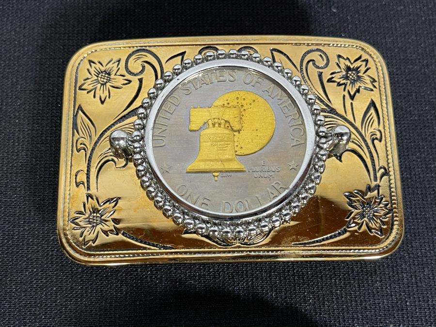 Set Of Nine Gold Electroplated United States One & Half Dollar Coins Set In Base Metal Western Belt Buckles [Photo 8]