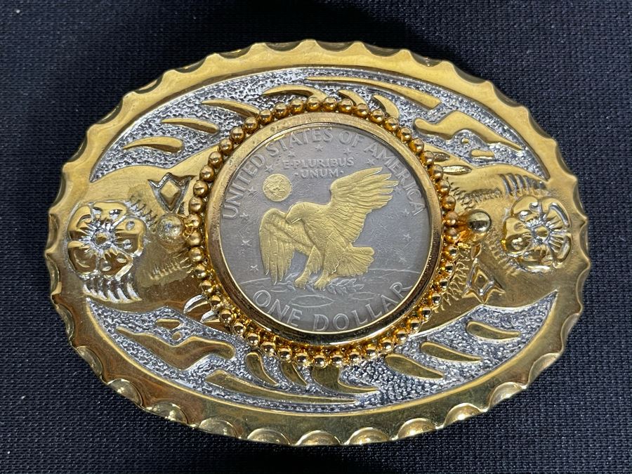 Set Of Nine Gold Electroplated United States One & Half Dollar Coins Set In Base Metal Western Belt Buckles [Photo 7]