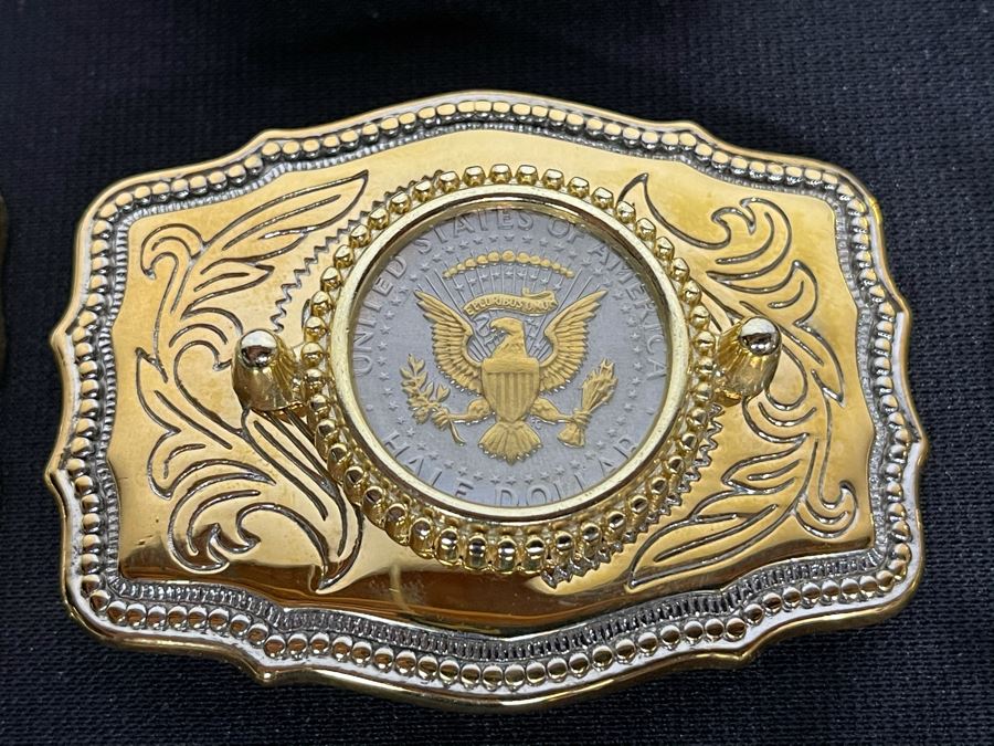 Set Of Six Gold Electroplated United States One & Half Dollar Coins Set In Base Metal Western Belt Buckles, Gold EP United States Half Dollar Coin Pendant And Gold EP United States Half Dollar Coin Bolo Tie Clasp [Photo 5]