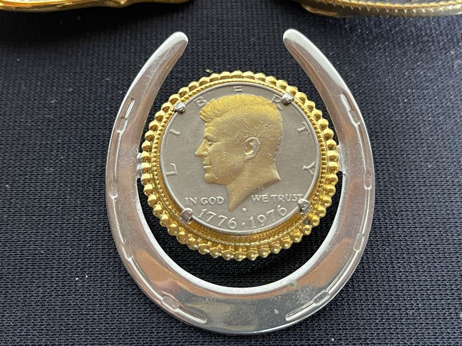 Set Of Six Gold Electroplated United States One & Half Dollar Coins Set In Base Metal Western Belt Buckles, Gold EP United States Half Dollar Coin Pendant And Gold EP United States Half Dollar Coin Bolo Tie Clasp [Photo 2]