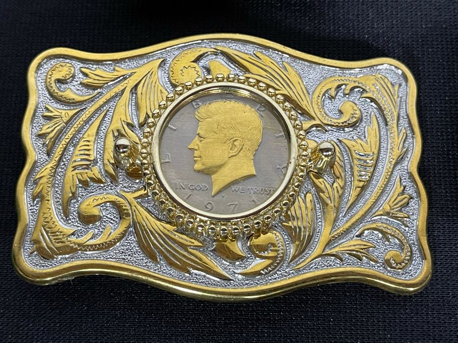 Set Of Six Gold Electroplated United States One & Half Dollar Coins Set In Base Metal Western Belt Buckles, Gold EP United States Half Dollar Coin Pendant And Gold EP United States Half Dollar Coin Bolo Tie Clasp [Photo 4]