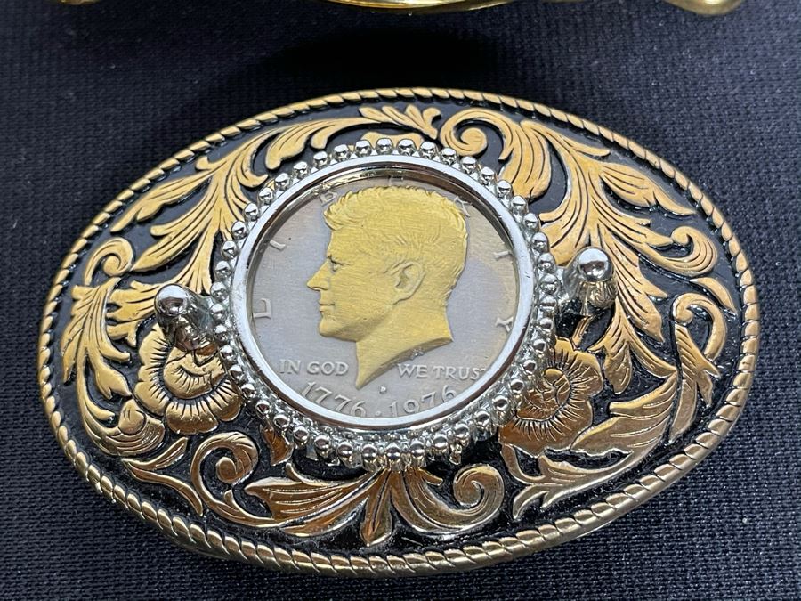 Set Of Six Gold Electroplated United States One & Half Dollar Coins Set In Base Metal Western Belt Buckles, Gold EP United States Half Dollar Coin Pendant And Gold EP United States Half Dollar Coin Bolo Tie Clasp [Photo 6]