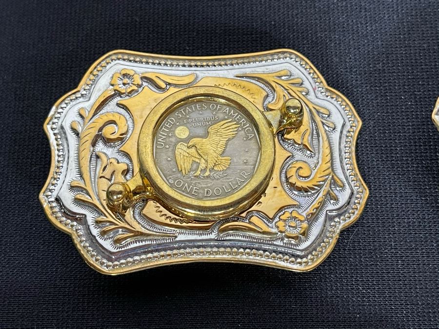 Set Of Six Gold Electroplated United States One & Half Dollar Coins Set In Base Metal Western Belt Buckles, Gold EP United States Half Dollar Coin Pendant And Gold EP United States Half Dollar Coin Bolo Tie Clasp [Photo 9]