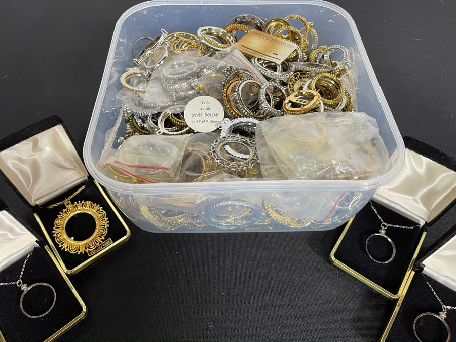 Plastic Bin Filled With Hundreds Of US One Dollar / Half Dollar Coin Bezel Holders - See Photos