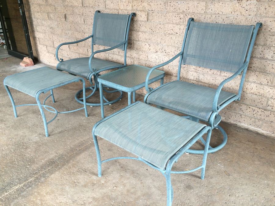 (2) Brown Jordan Swivel Chairs with Ottoman and Side Table and Pottery Barn Pillows [Photo 2]