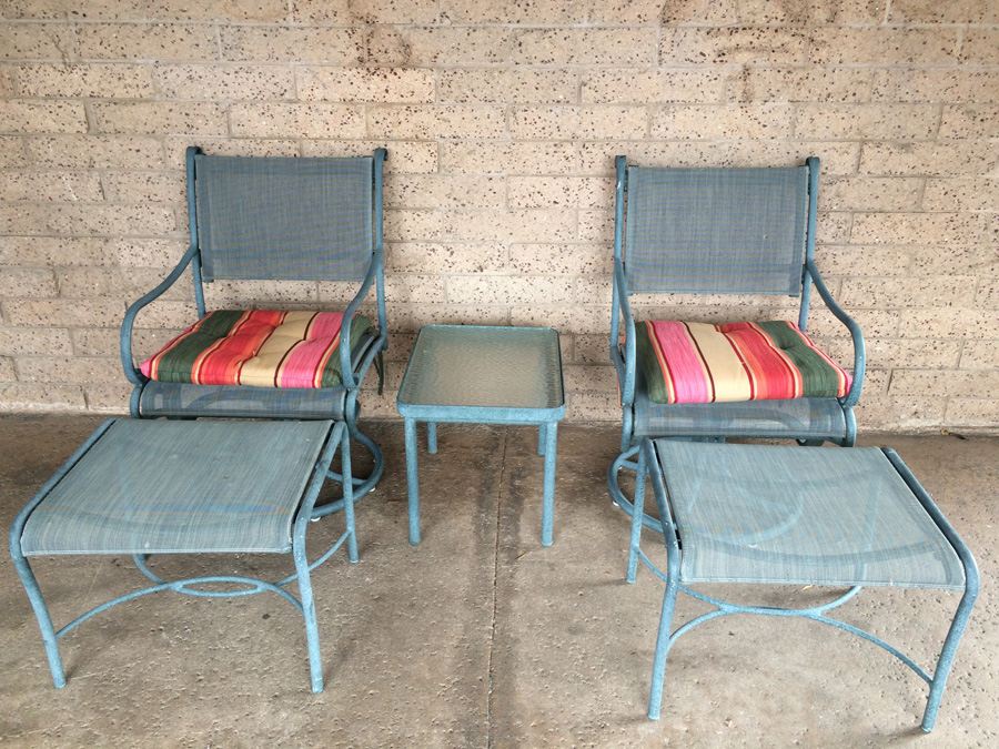 (2) Brown Jordan Swivel Chairs with Ottoman and Side Table and Pottery Barn Pillows [Photo 8]