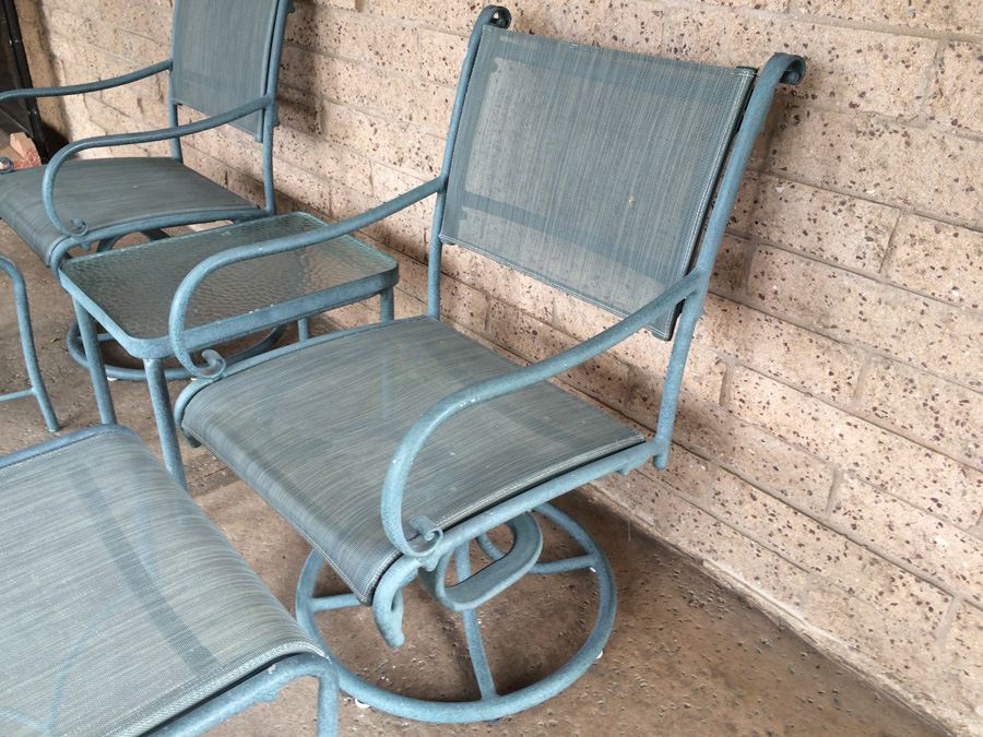 (2) Brown Jordan Swivel Chairs with Ottoman and Side Table and Pottery Barn Pillows [Photo 4]