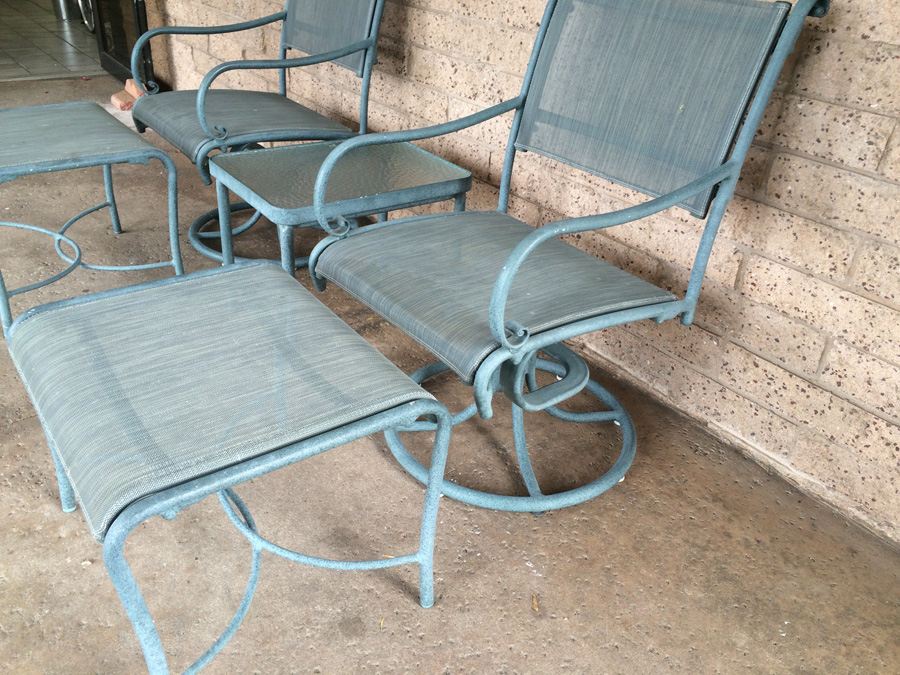 (2) Brown Jordan Swivel Chairs with Ottoman and Side Table and Pottery ...