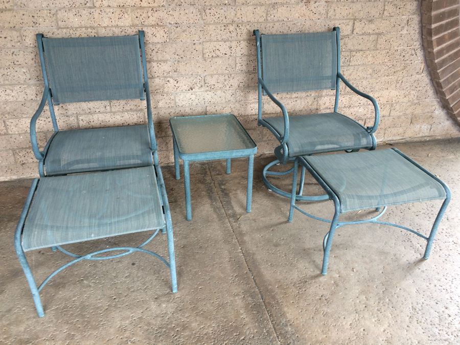 (2) Brown Jordan Swivel Chairs with Ottoman and Side Table and Pottery Barn Pillows