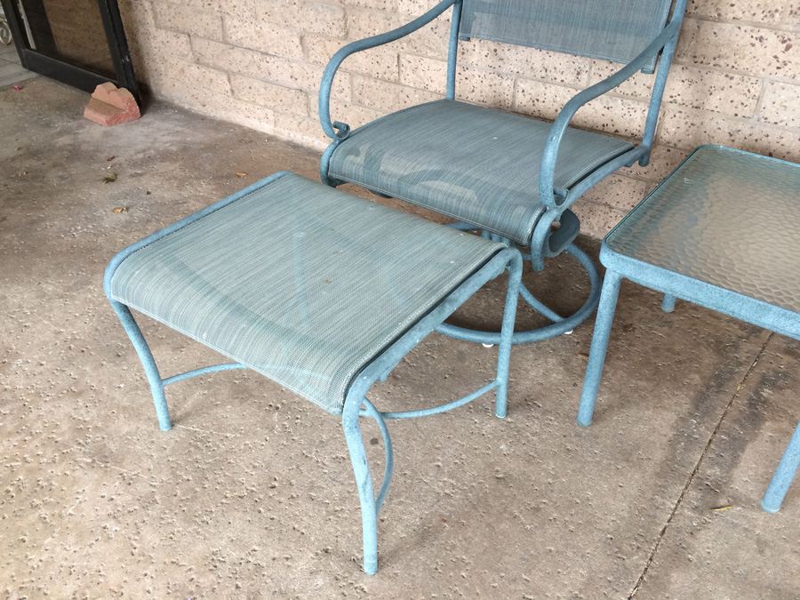 (2) Brown Jordan Swivel Chairs with Ottoman and Side Table and Pottery Barn Pillows [Photo 6]