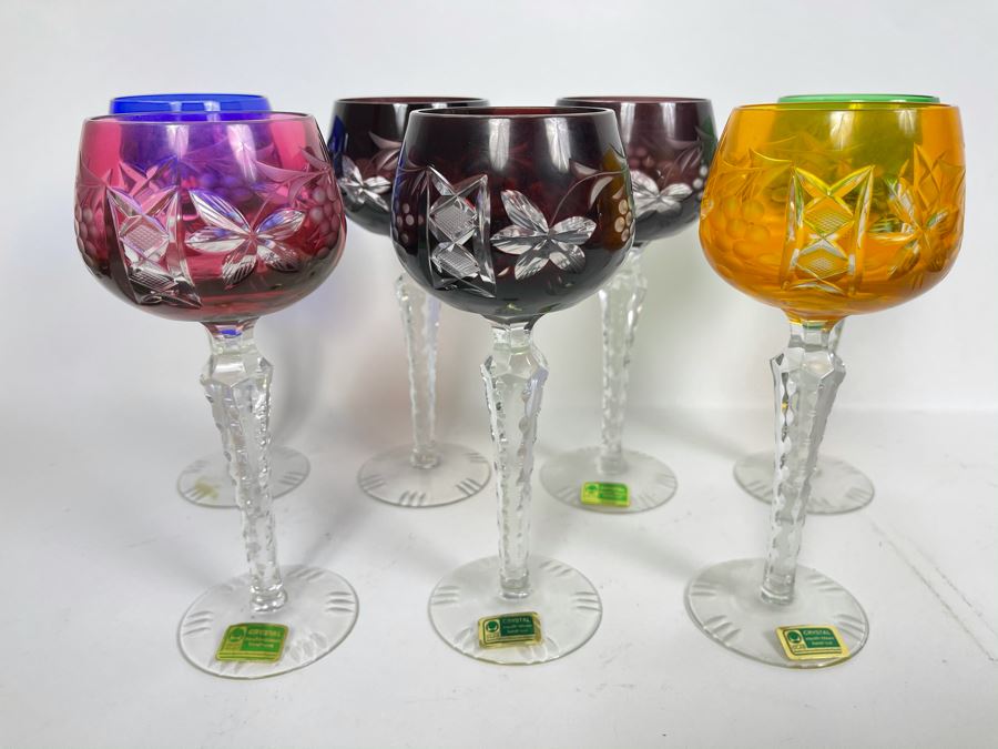 Set Of 7 New Vintage German Lausitzer Crystal Stemware Glasses Mouth-Blown Hand-Cut From The German Democratic Republic 7.5H