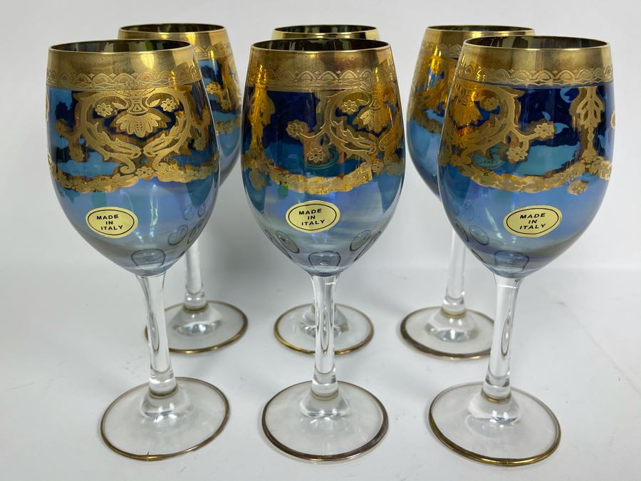 Set Of Six New Vintage Italian Glass Wine Glasses  7.5H [Photo 2]