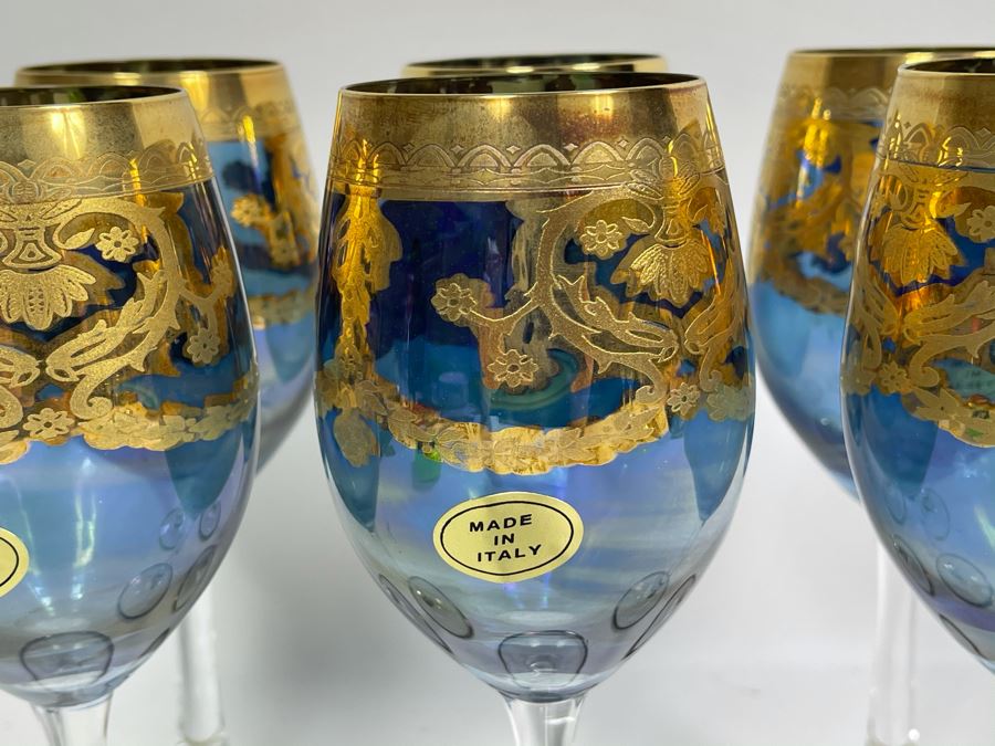 Set Of Six New Vintage Italian Glass Wine Glasses 7.5H