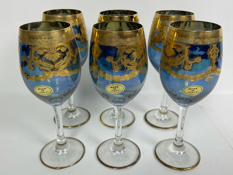 Set Of Six New Vintage Italian Glass Wine Glasses  7.5H [Photo 3]