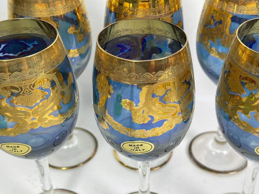 Set Of Six New Vintage Italian Glass Wine Glasses 7.5H
