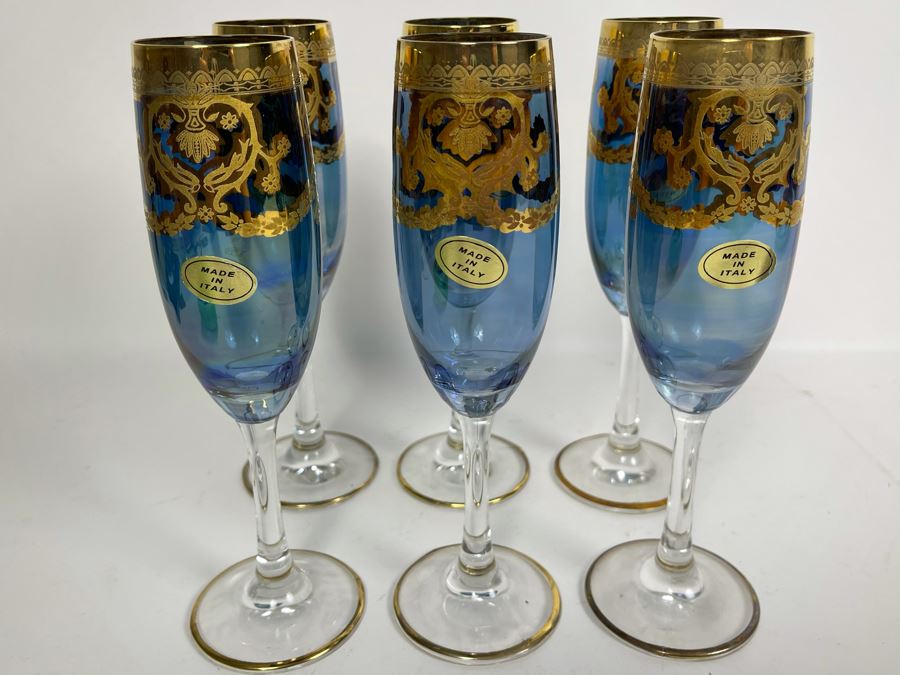 Set Of Six New Vintage Italian Glass Champagne Flutes 8.25H [Photo 1]