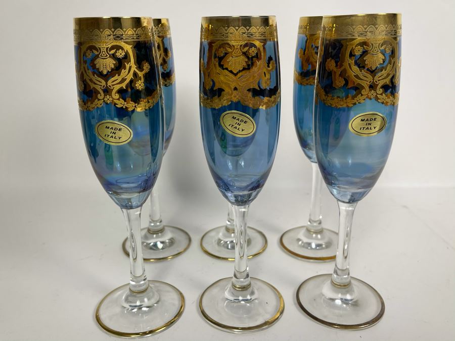 Set Of Six New Vintage Italian Glass Champagne Flutes 8.25H [Photo 3]