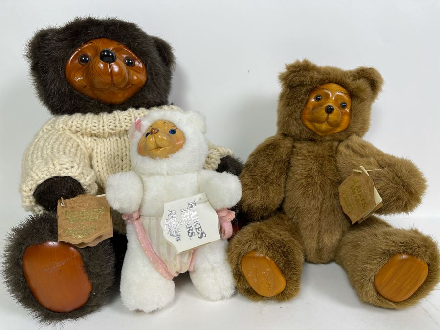 (3) Robert Raikes Individually Carved Wooden Bears: Sherwood, Terry And Nursery Miniatures