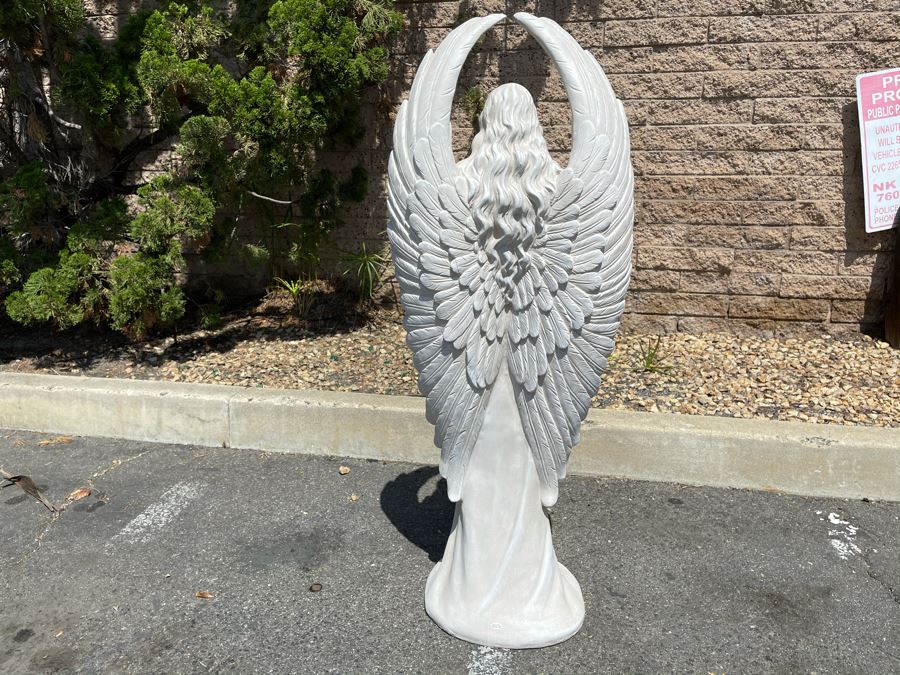 JUST ADDED - Large Goddess Of Mercy Praying Angel Garden Statuary Concrete Sculpture Stored Indoors (Slight Chip Section In Back Of Wing - See Photos) 46'H X 20W [Photo 3]
