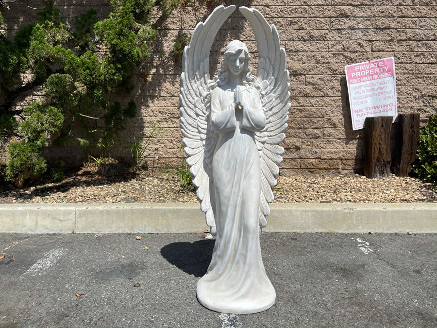 JUST ADDED - Large Goddess Of Mercy Praying Angel Garden Statuary Concrete Sculpture Stored Indoors (Slight Chip Section In Back Of Wing - See Photos) 46'H X 20W [Photo 5]