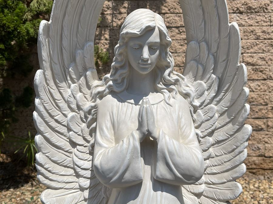 JUST ADDED - Large Goddess Of Mercy Praying Angel Garden Statuary Concrete Sculpture Stored Indoors (Slight Chip Section In Back Of Wing - See Photos) 46'H X 20W [Photo 8]