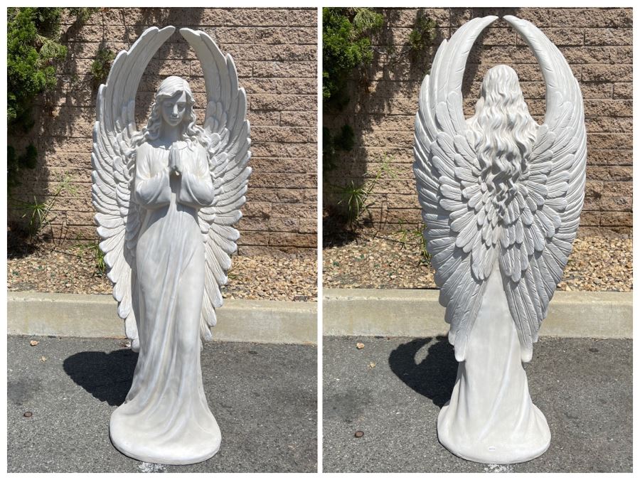 JUST ADDED - Large Goddess Of Mercy Praying Angel Garden Statuary Concrete Sculpture Stored Indoors (Slight Chip Section In Back Of Wing - See Photos) 46'H X 20W