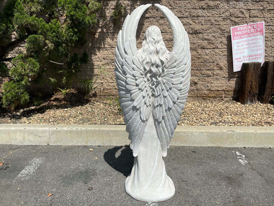 JUST ADDED - Large Goddess Of Mercy Praying Angel Garden Statuary Concrete Sculpture Stored Indoors (Slight Chip Section In Back Of Wing - See Photos) 46'H X 20W [Photo 9]