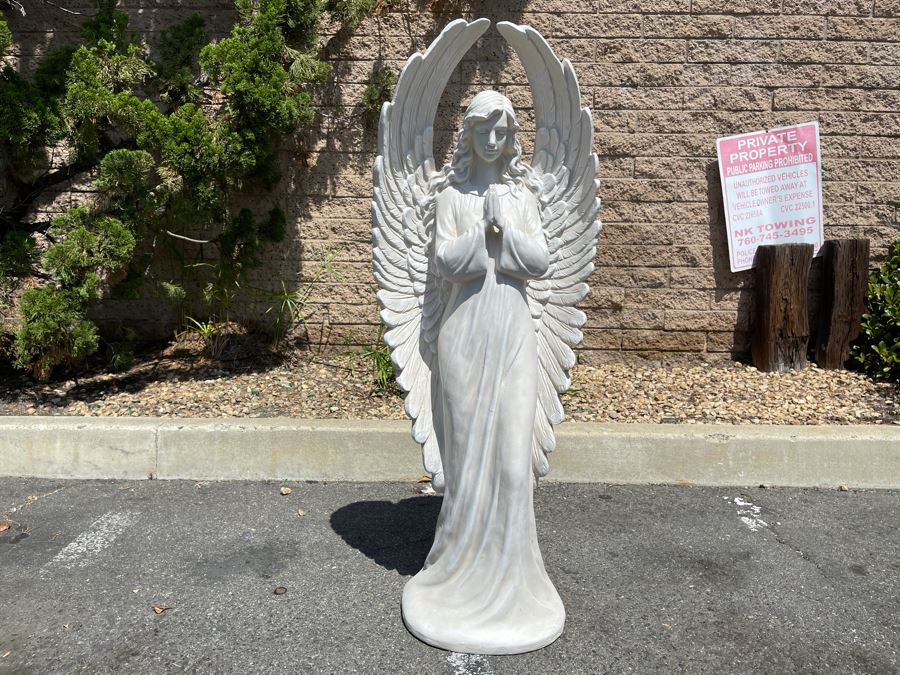 JUST ADDED - Large Goddess Of Mercy Praying Angel Garden Statuary Concrete Sculpture Stored Indoors (Slight Chip Section In Back Of Wing - See Photos) 46'H X 20W [Photo 4]