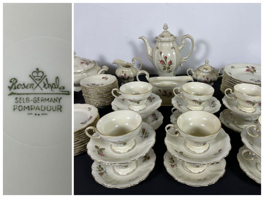 JUST ADDED - Large German Rosenthal China Set Pompadour Classic Rose Gold Rim Pattern Apx Service For 10+ - See Photos