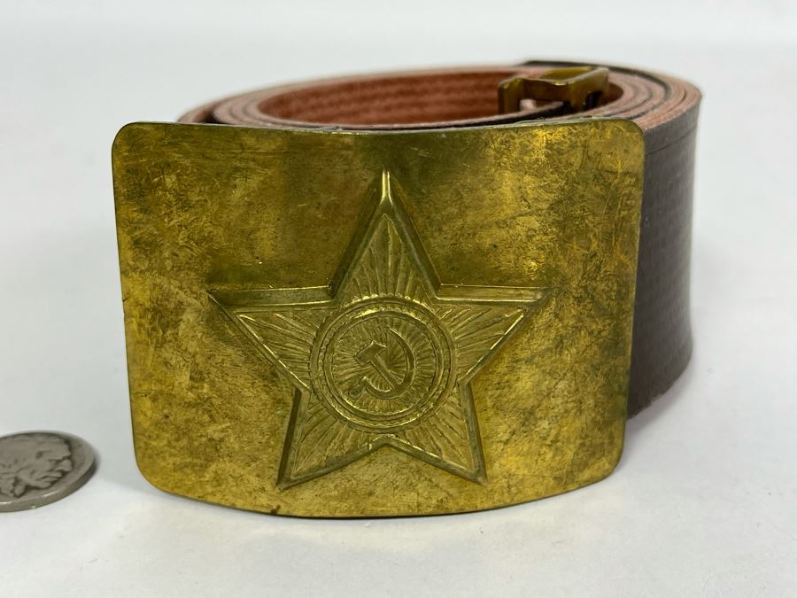 Vintage Soviet Union Belt Buckle With Leather Belt Adustable 38L [Photo 2]