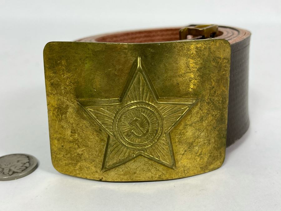 Vintage Soviet Union Belt Buckle With Leather Belt Adustable 38L [Photo 1]