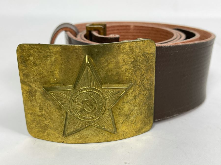 Vintage Soviet Union Belt Buckle With Leather Belt Adustable 38L [Photo 9]