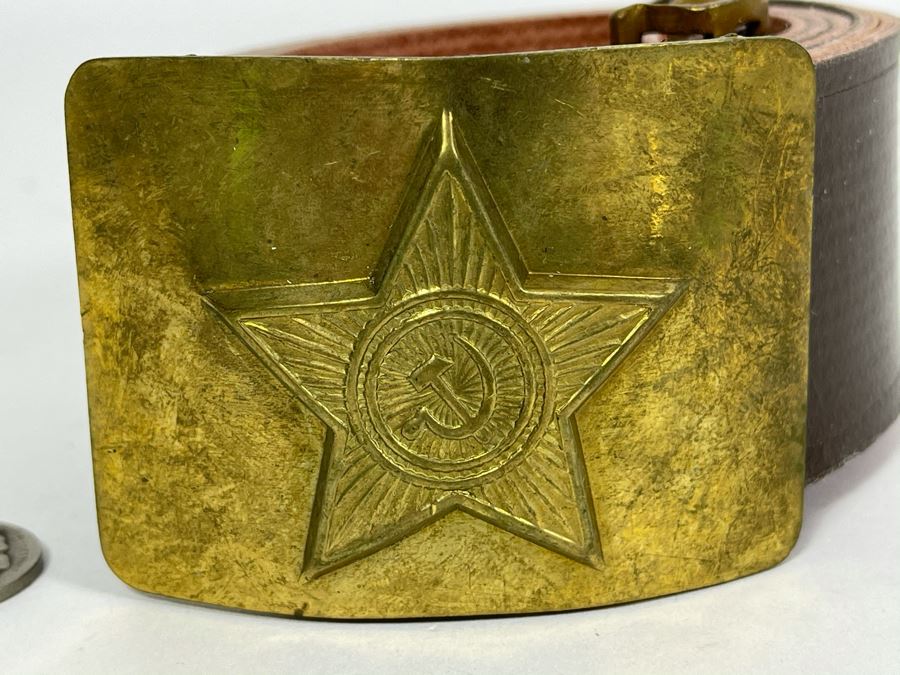 Vintage Soviet Union Belt Buckle With Leather Belt Adustable 38L [Photo 3]