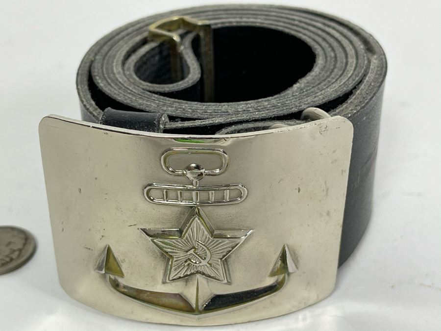Vintage Soviet Union Belt Buckle With Leather Belt Adustable 40L [Photo 3]