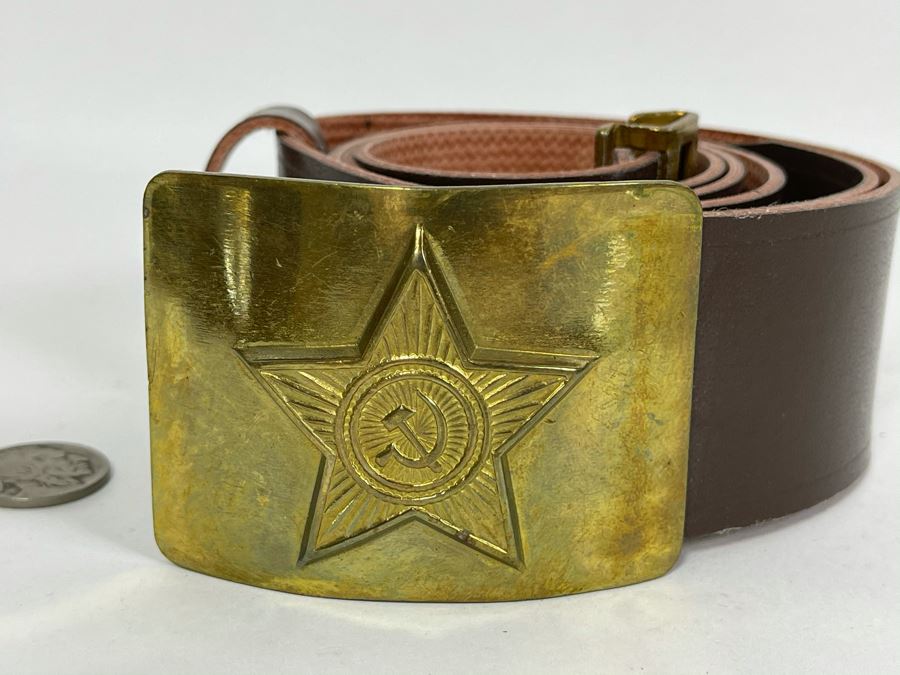 Vintage Soviet Union Belt Buckle With Leather Belt Adustable 36L [Photo 3]