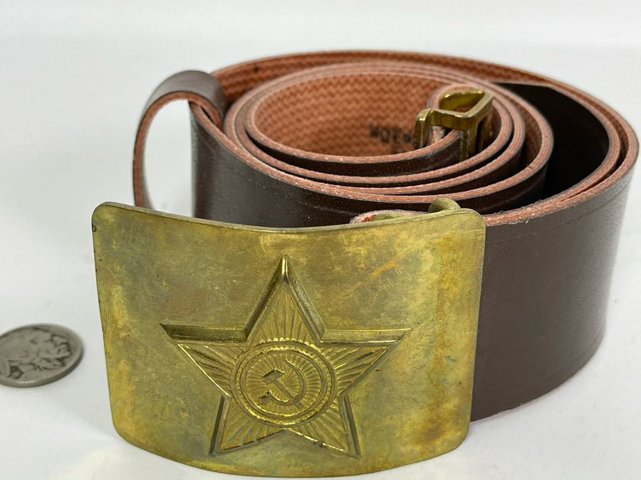 Vintage Soviet Union Belt Buckle With Leather Belt Adustable 36L [Photo 4]