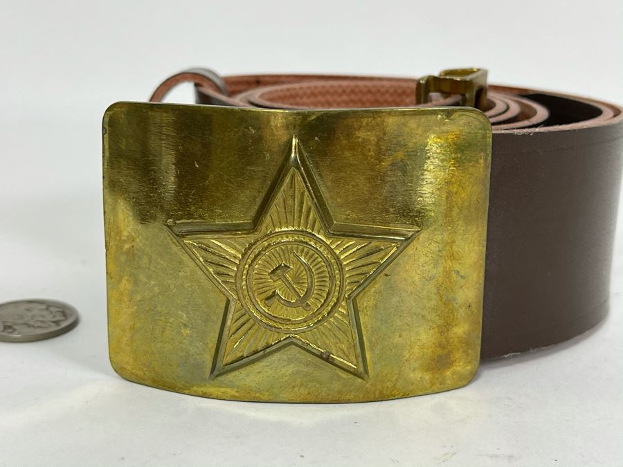 Vintage Soviet Union Belt Buckle With Leather Belt Adustable 36L