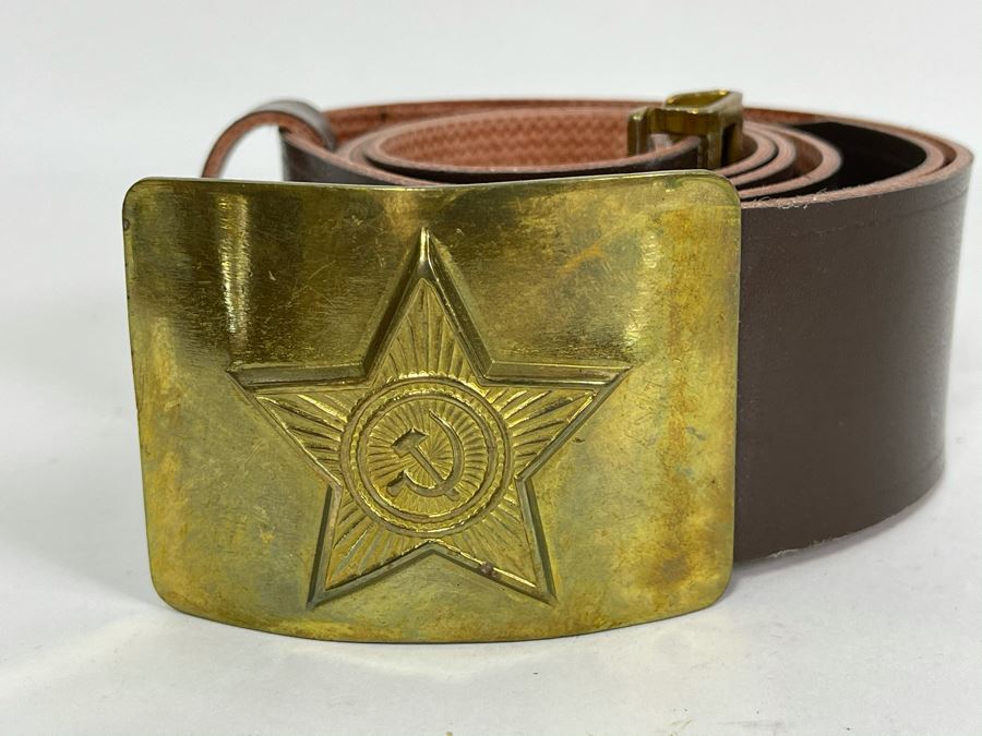 Vintage Soviet Union Belt Buckle With Leather Belt Adustable 36L [Photo 2]