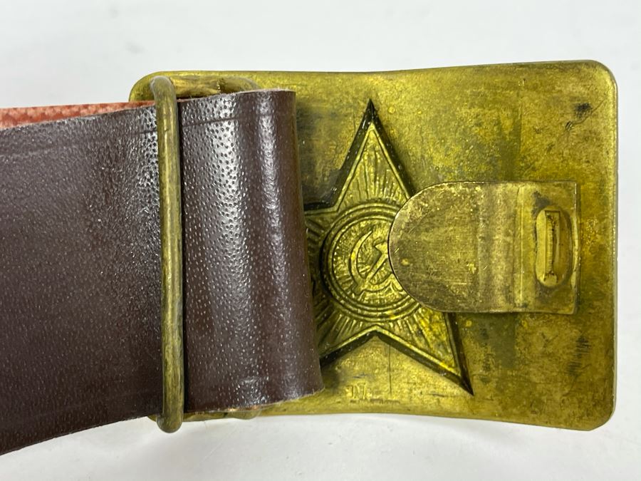 Vintage Soviet Union Belt Buckle With Leather Belt Adustable 36L [Photo 7]